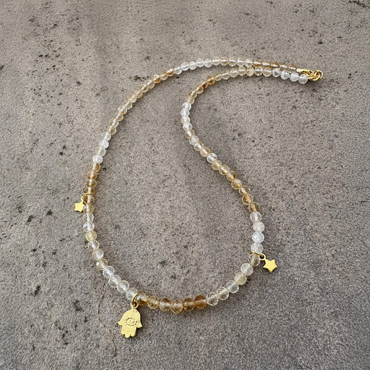 Ombre Citrine Gemstone Necklace with Gold Vermeil Hamsa Hand & Stars Soremi Jewellery