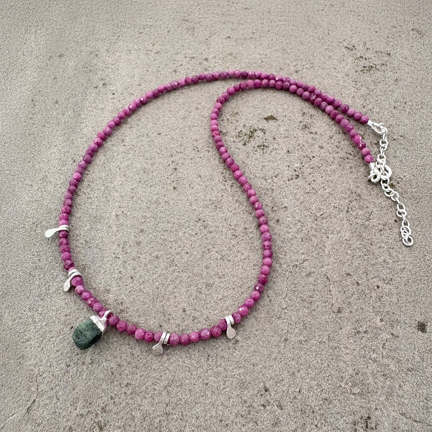 Raw Emerald Pendant on Ruby Bead Necklace Soremi Jewellery