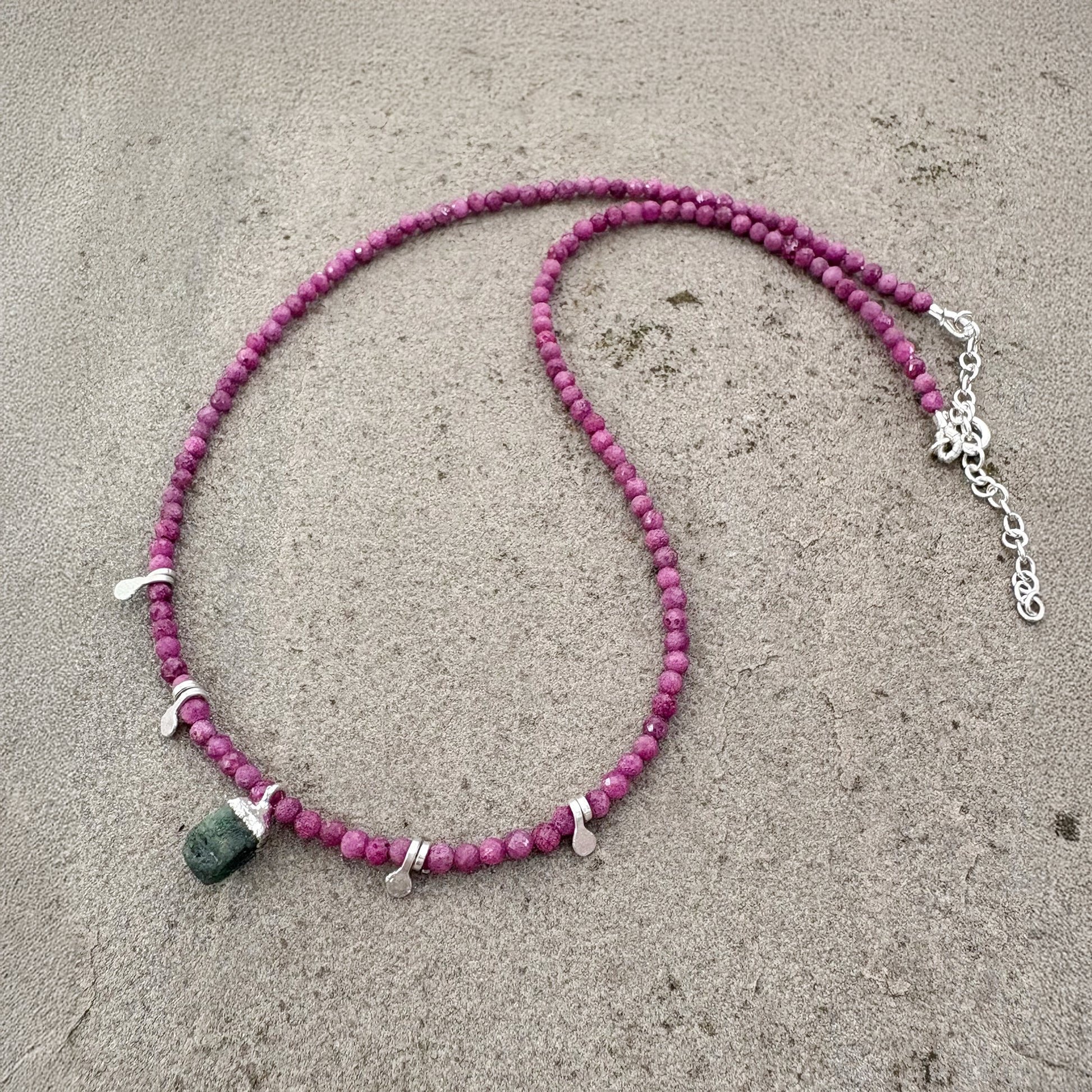 Raw Emerald Pendant on Ruby Bead Necklace Soremi Jewellery