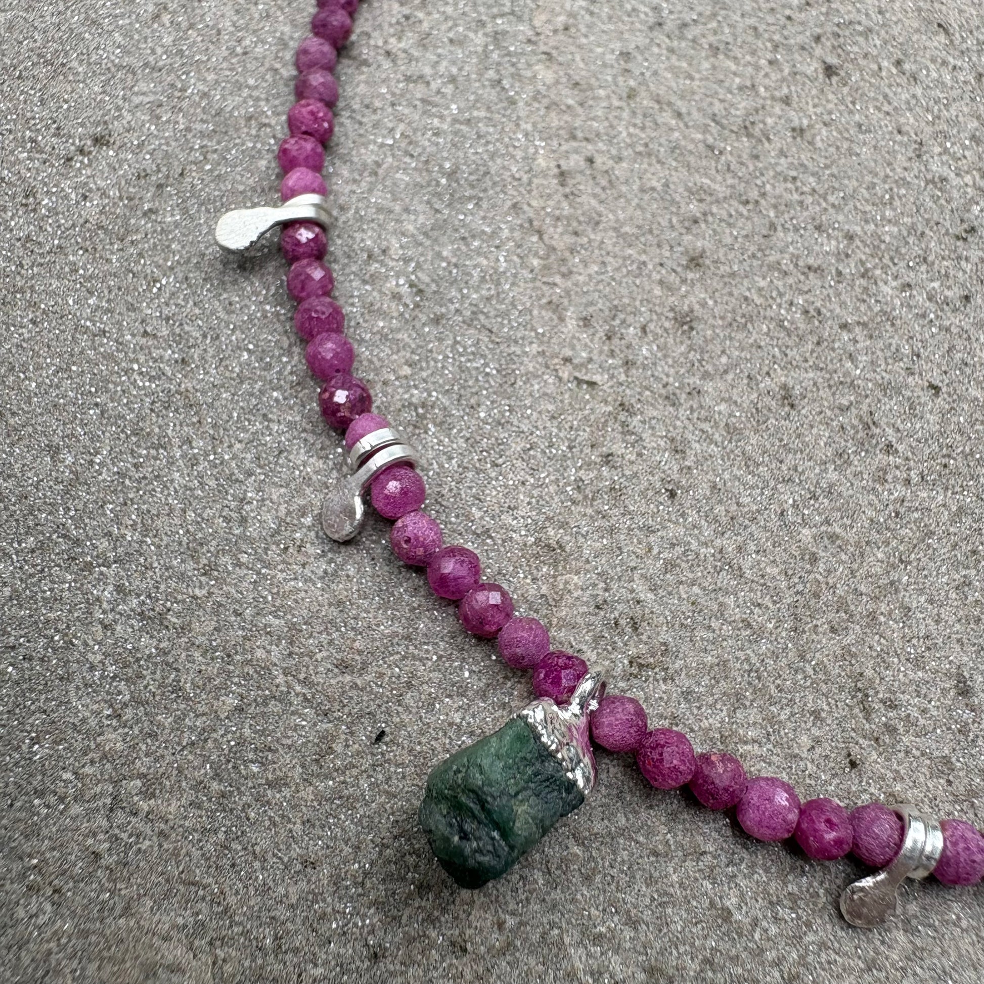 Raw Emerald Pendant on Ruby Bead Necklace Soremi Jewellery