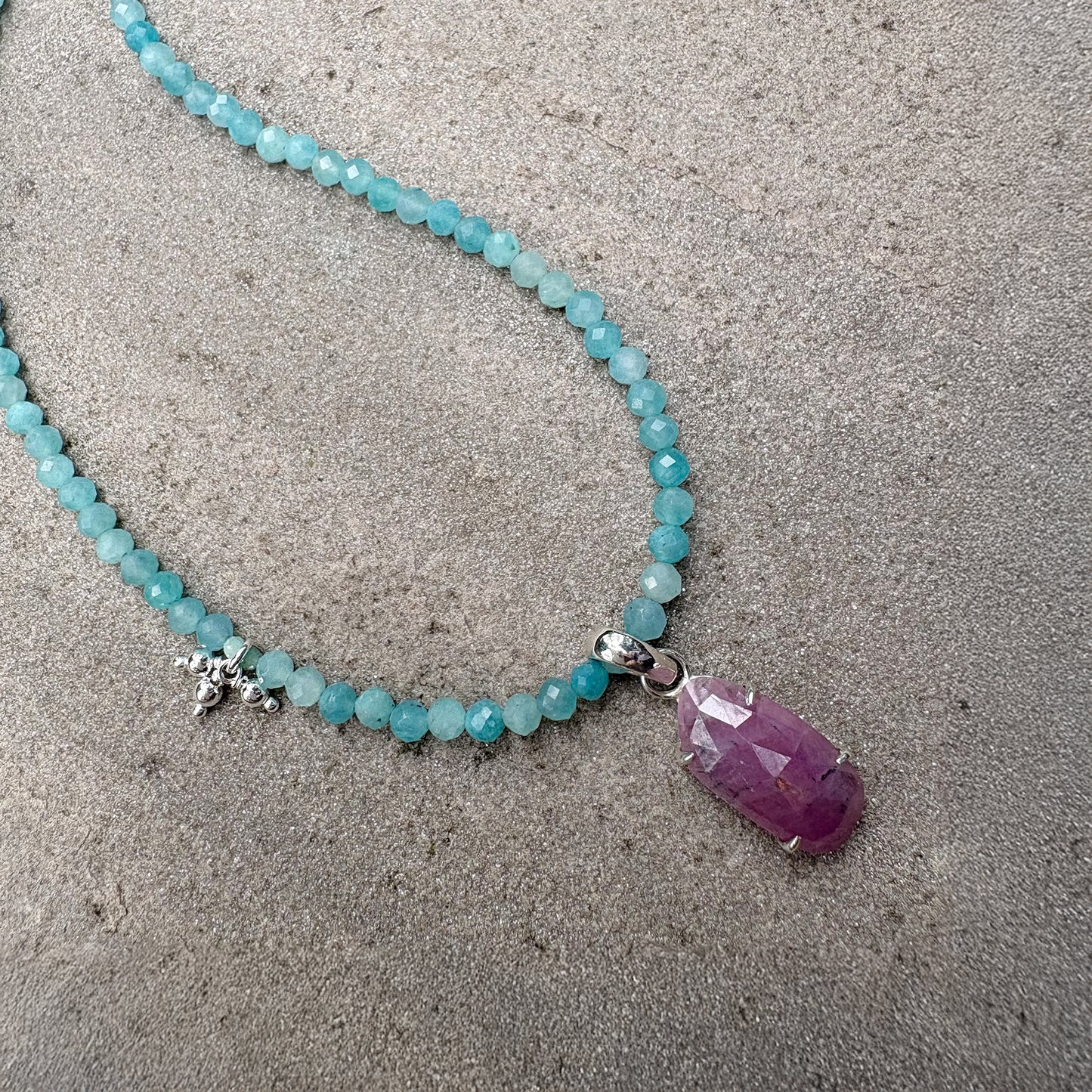 Amazonite Bead Necklace with Pink Sapphire Soremi Jewellery