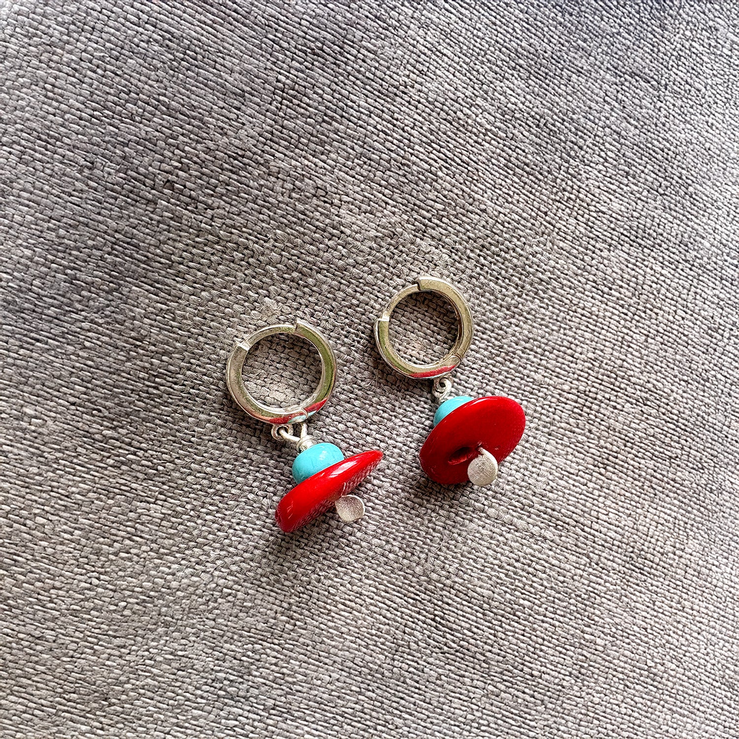 Cherry Red Coral and Turquoise Drop Huggie Earrings Soremi Jewellery