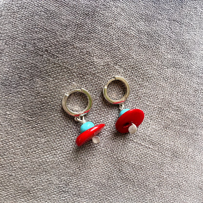 Cherry Red Coral and Turquoise Drop Huggie Earrings Soremi Jewellery