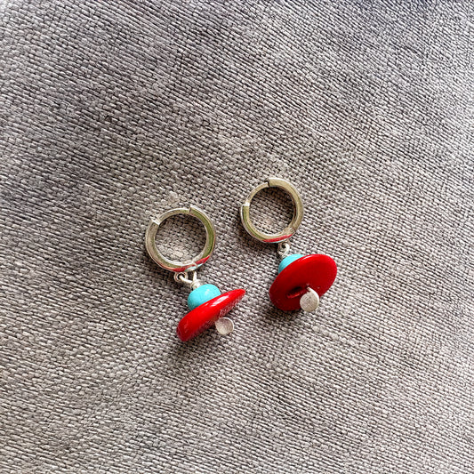 Cherry Red Coral and Turquoise Drop Huggie Earrings Soremi Jewellery