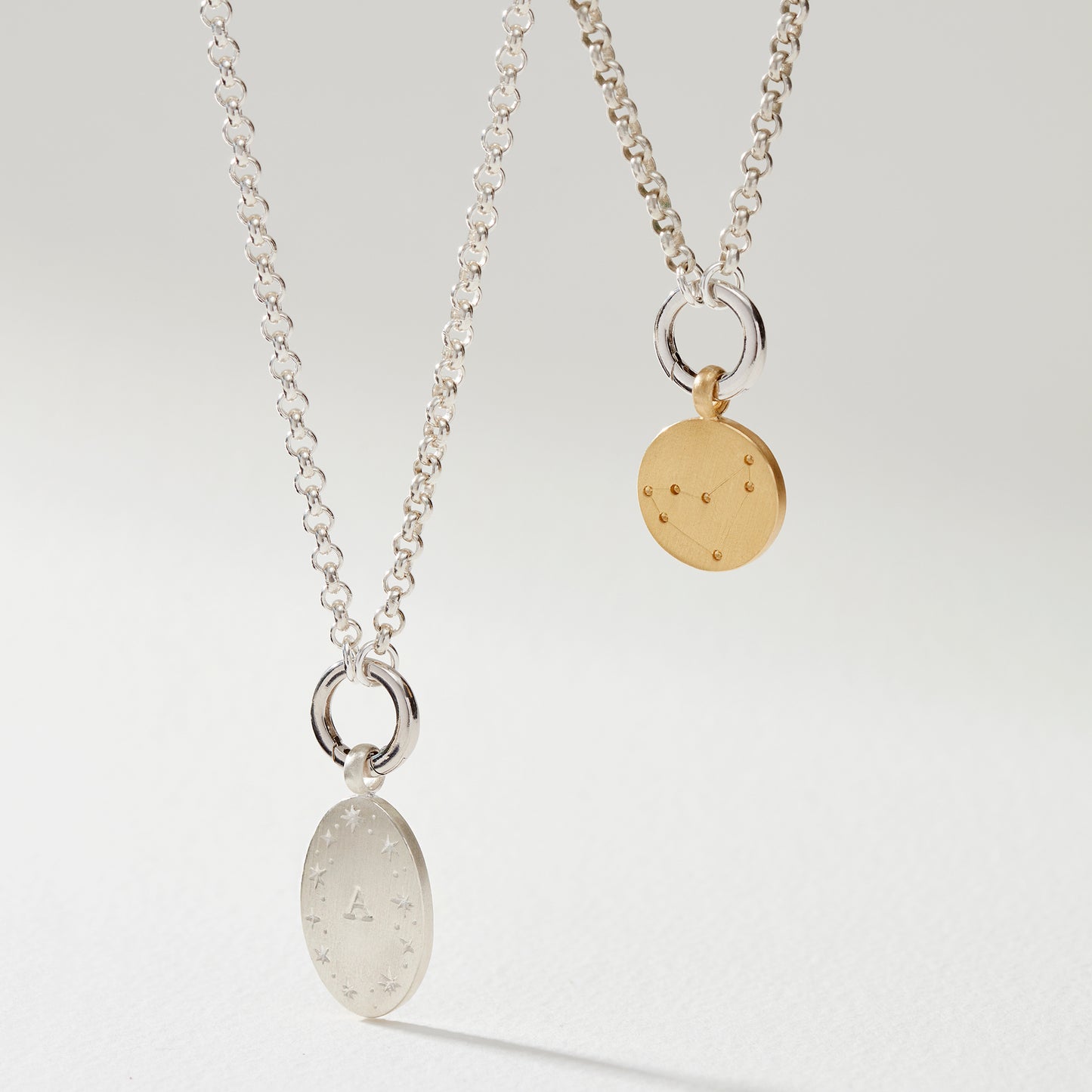 Reversible Zodiac & Initial Pendant Necklace with Charm Catcher in Silver or Gold Vermeil