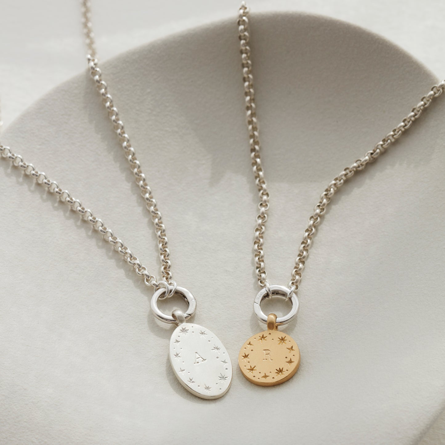Reversible Zodiac & Initial Pendant Necklace with Charm Catcher in Silver or Gold Vermeil