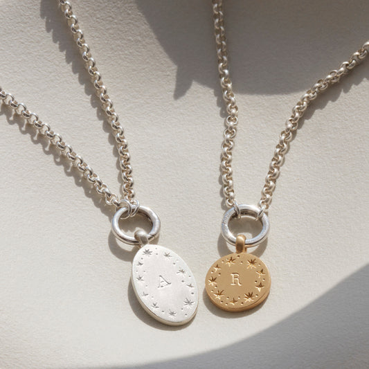 Reversible Zodiac & Initial Pendant Necklace with Charm Catcher in Silver or Gold Vermeil