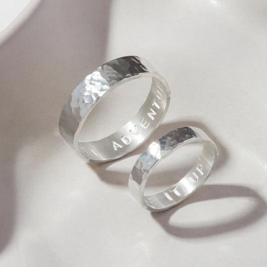Silver Personalised Hammered Matching Couples Rings