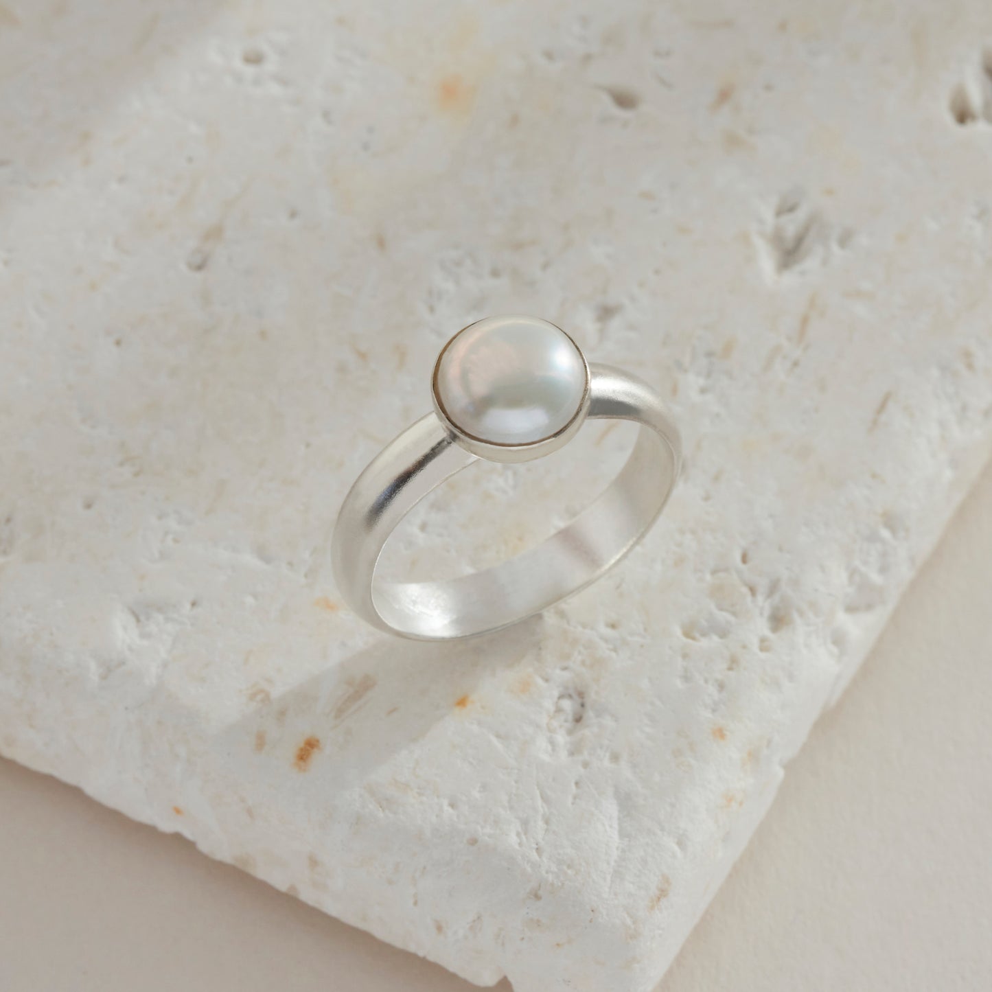 Round Pearl Ring in Sterling Silver with D Profile Band