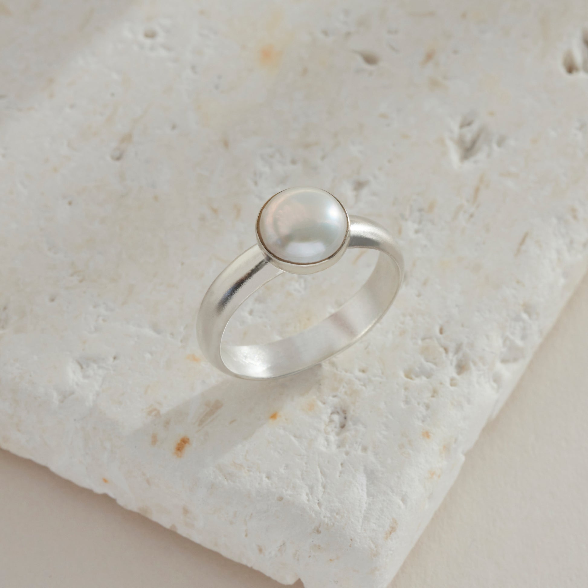 Round Pearl Ring in Sterling Silver with D Profile Band