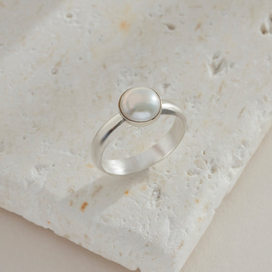 Round Pearl Ring in Sterling Silver with D Profile Band