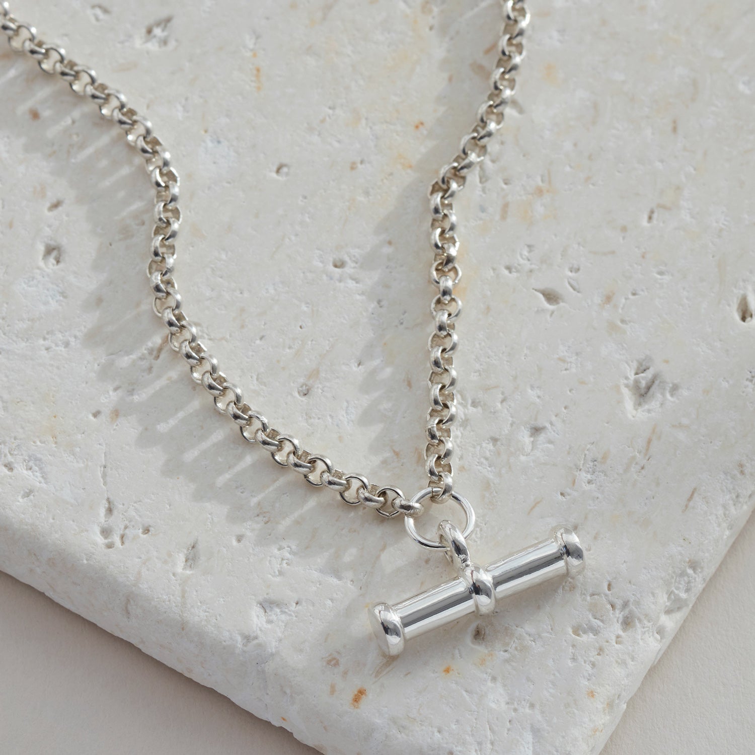 Close up of sterling silver T-Bar Necklace