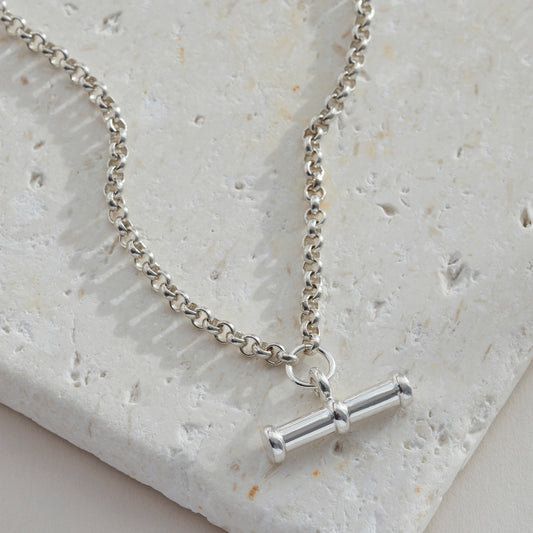 Close up of sterling silver T-Bar Necklace