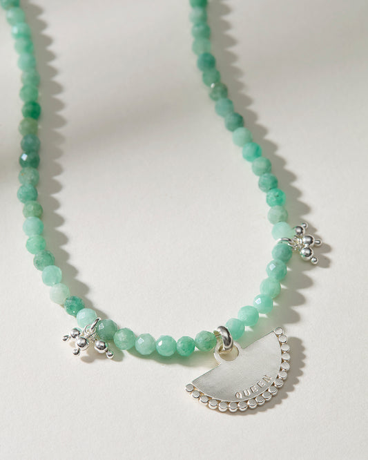 Personalised Emerald Beaded Fan Necklace with Silver Tassel Accents Soremi Jewellery