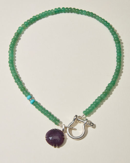 Full green aventurine beaded necklace with turquoise accents, sterling silver shackle and purple sapphire