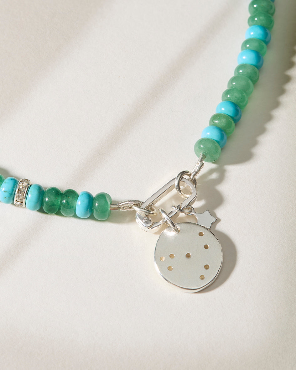 Green aventurine beaded necklace with hand-drilled sterling silver constellation pendant and star charm