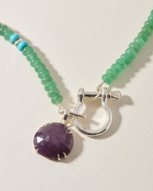 Green aventurine and turquoise necklace with sterling silver shackle and hand-set purple sapphire pendant