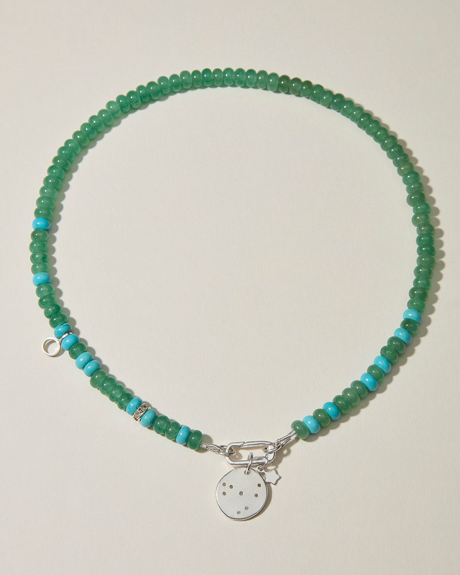 Green aventurine and turquoise beaded zodiac constellation necklace with sterling silver pendant