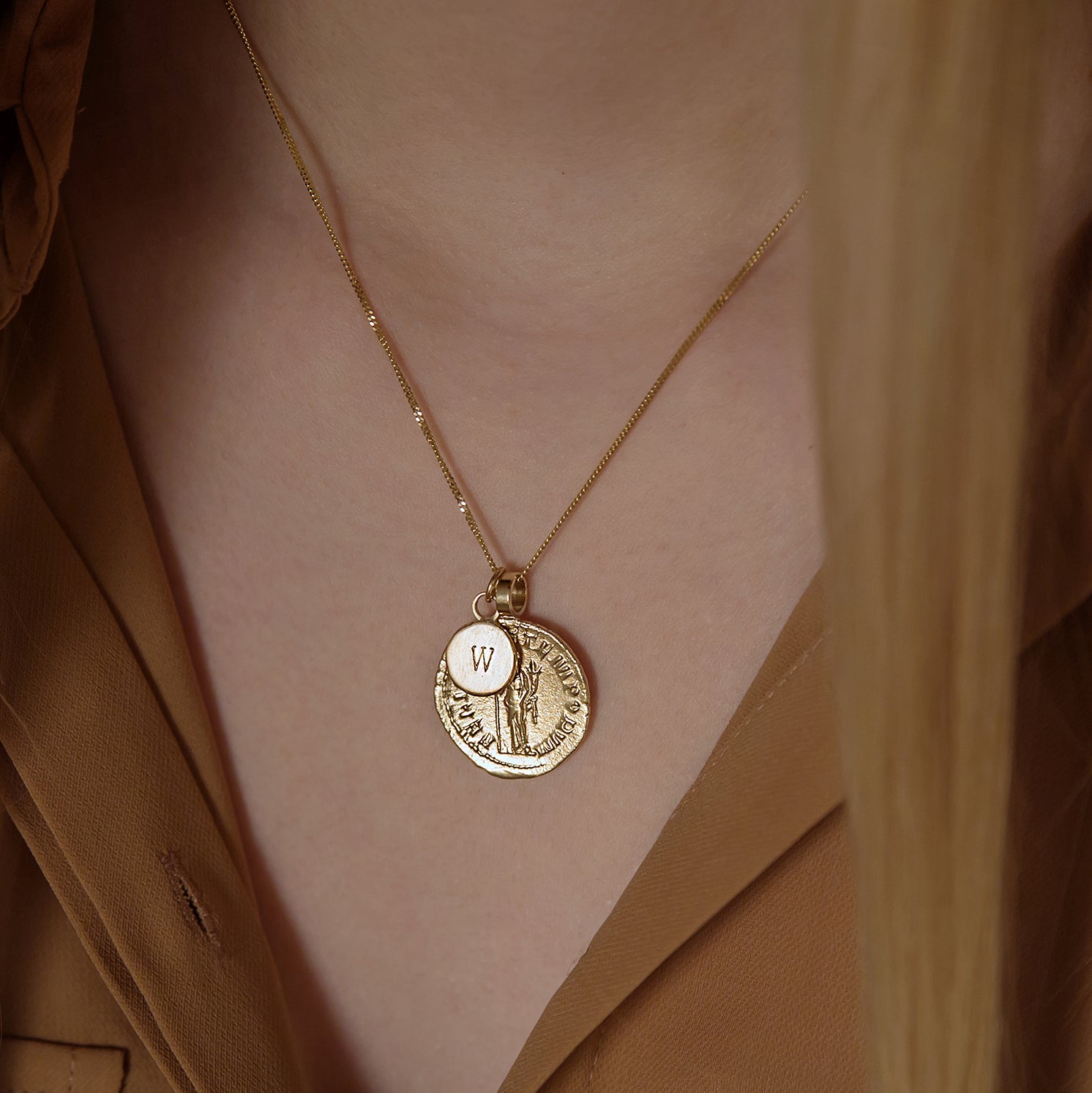 9ct gold goddess coin necklace with initial charm
