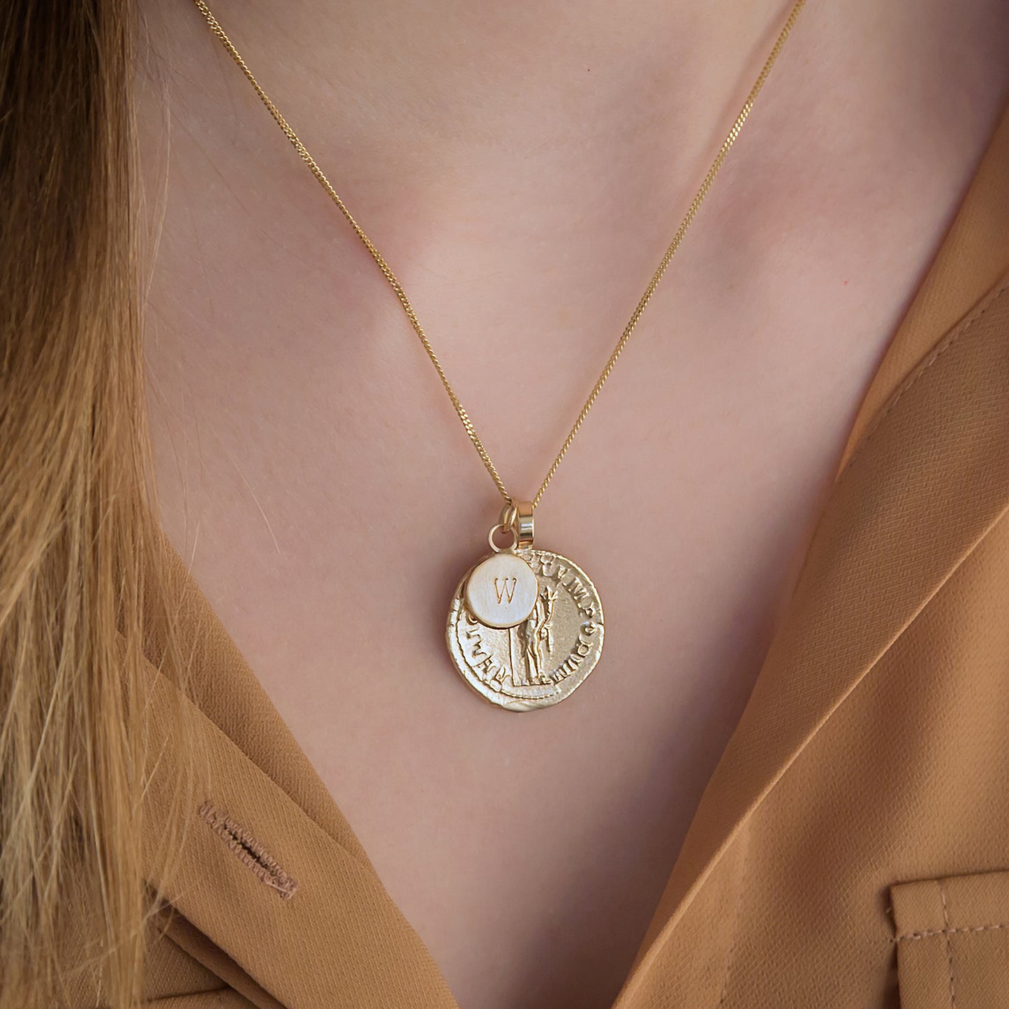 two sided coin necklace with initial in 9ct gold
