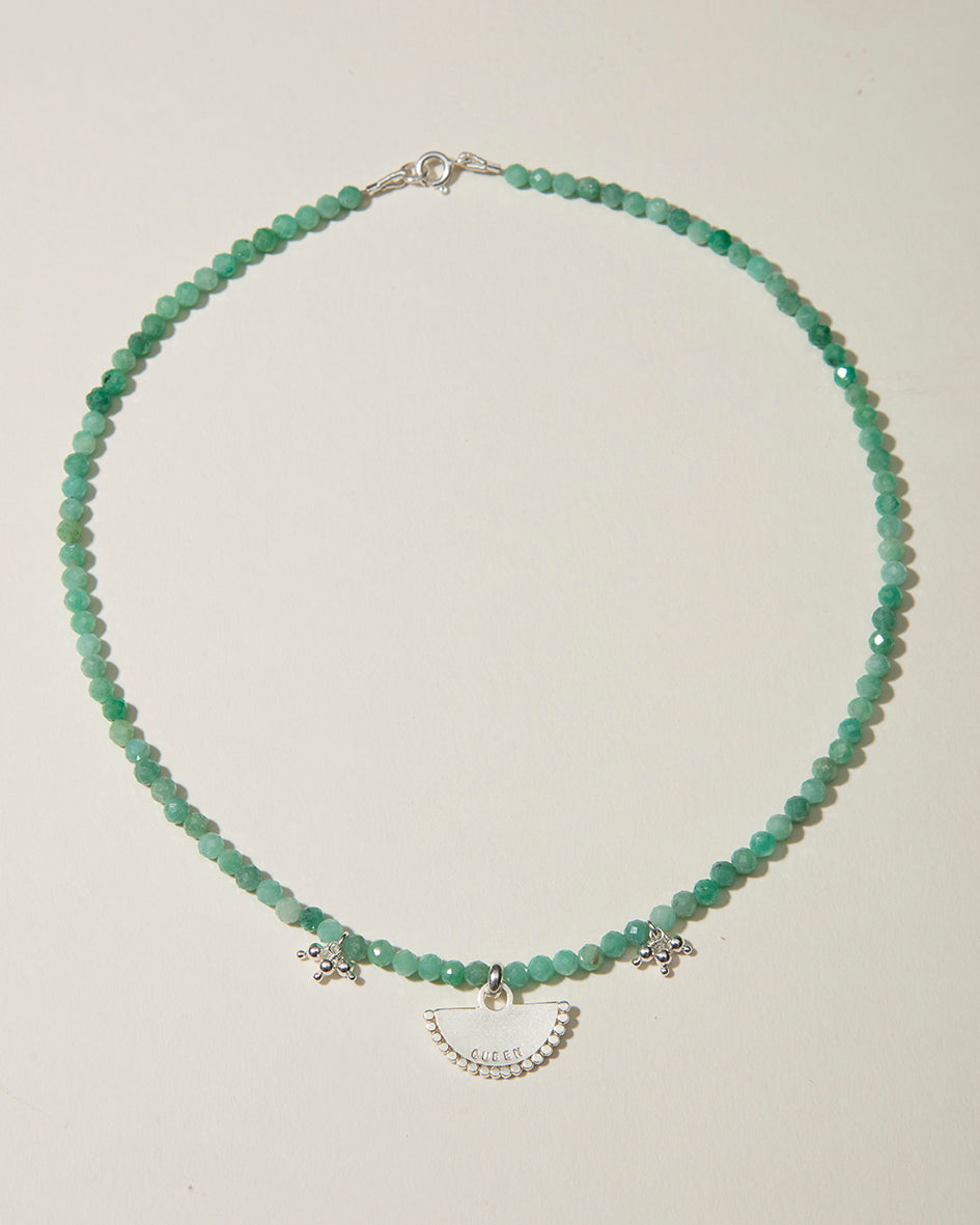 Personalised Emerald Beaded Fan Necklace with Silver Tassel Accents Soremi Jewellery