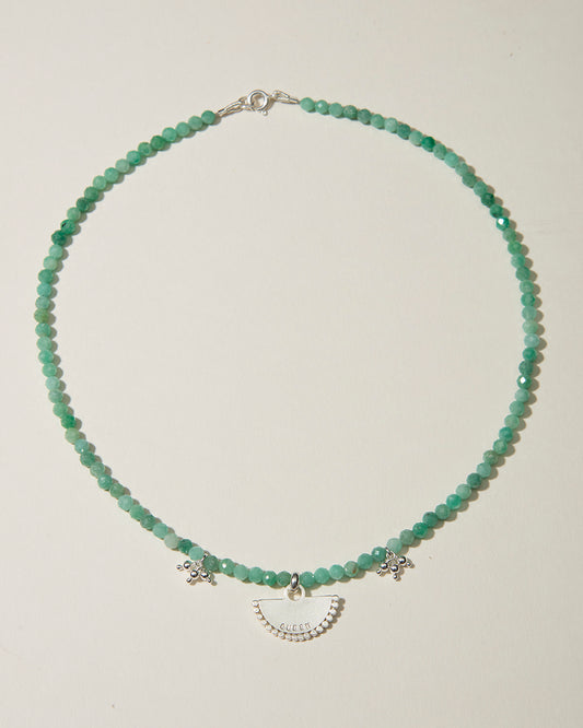Personalised Emerald Beaded Fan Necklace with Silver Tassel Accents Soremi Jewellery