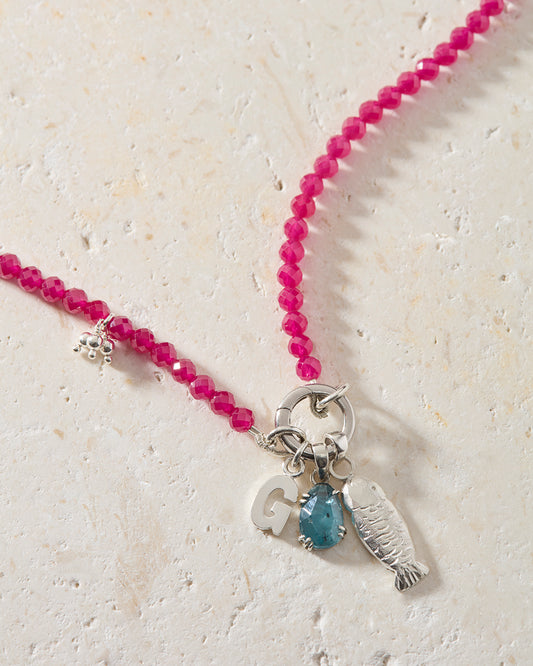 Personalised ruby beaded necklace with sterling silver sardine, initial charm and hand-set kyanite gemstone