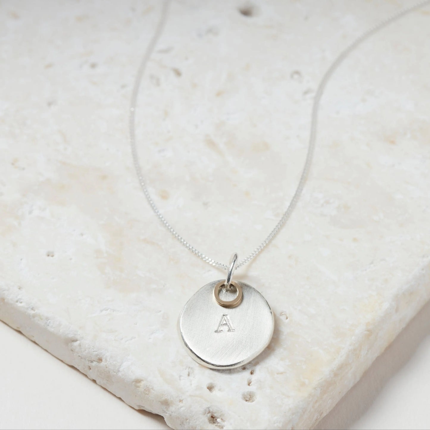 Personalised sterling silver initial nugget necklace with solid 9ct gold ring detail