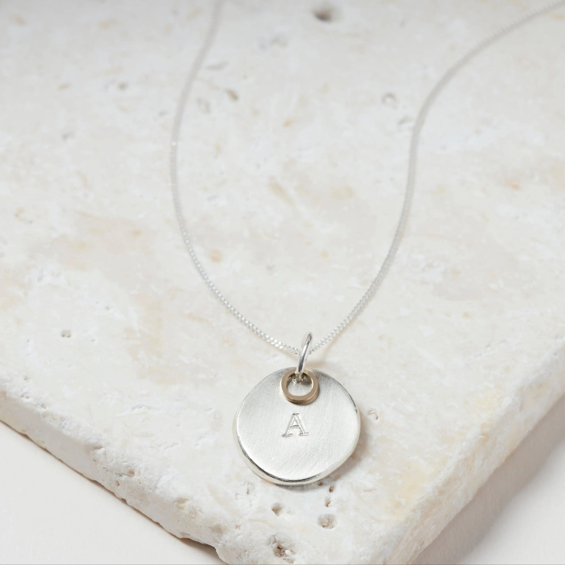 Personalised sterling silver initial nugget necklace with solid 9ct gold ring detail