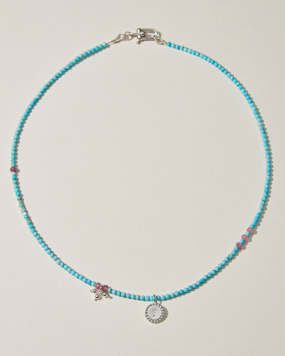 Full personalised turquoise beaded necklace with pink tourmaline accents and sterling silver initial pendant