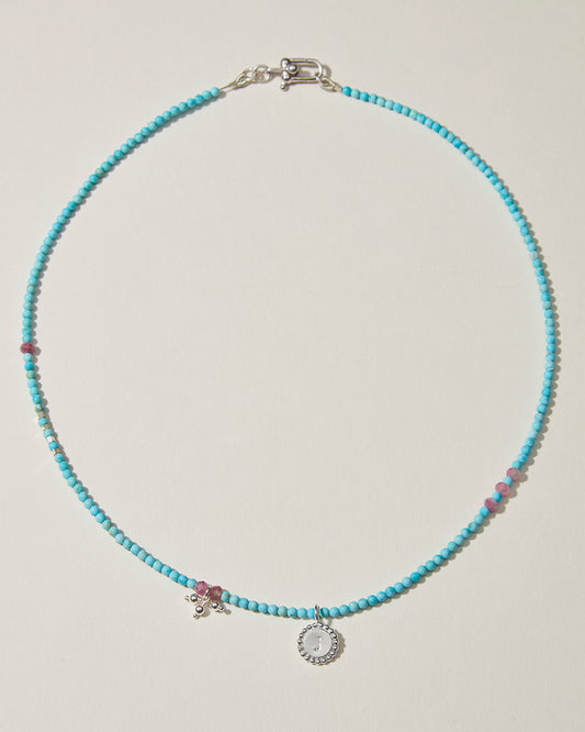 Full personalised turquoise beaded necklace with pink tourmaline accents and sterling silver initial pendant