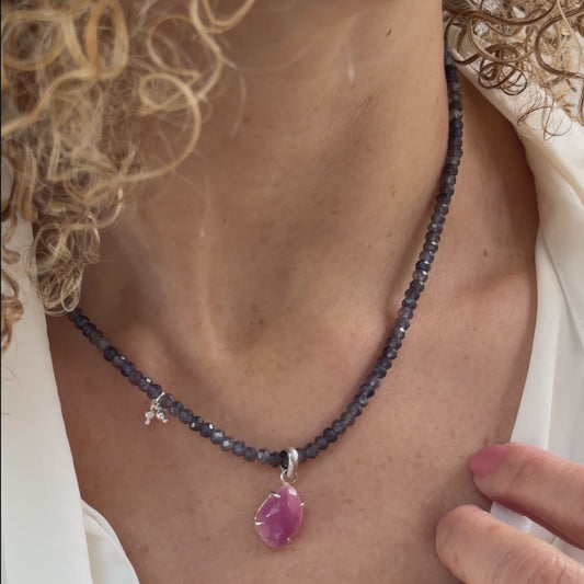 Iolite Necklace with One-of-a-Kind Pink Sapphire Pendant