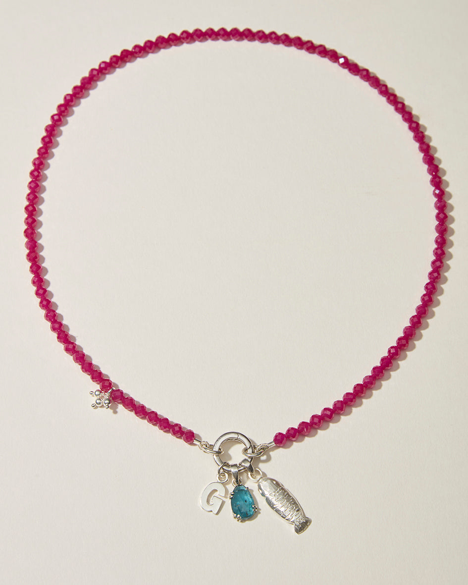 Full ruby beaded necklace with silver sardine charm, personalised initial and blue-green kyanite