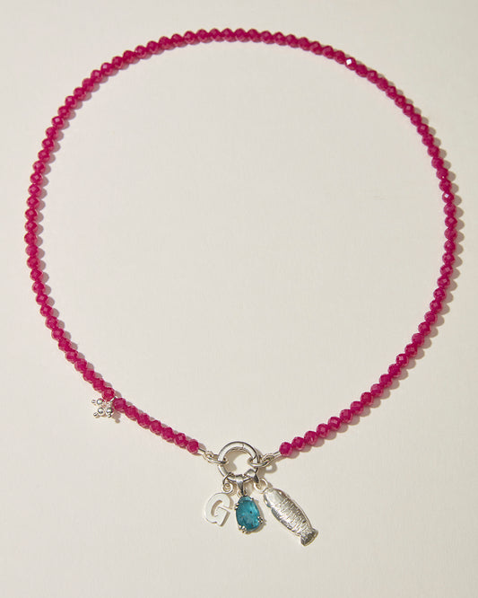 Full ruby beaded necklace with silver sardine charm, personalised initial and blue-green kyanite
