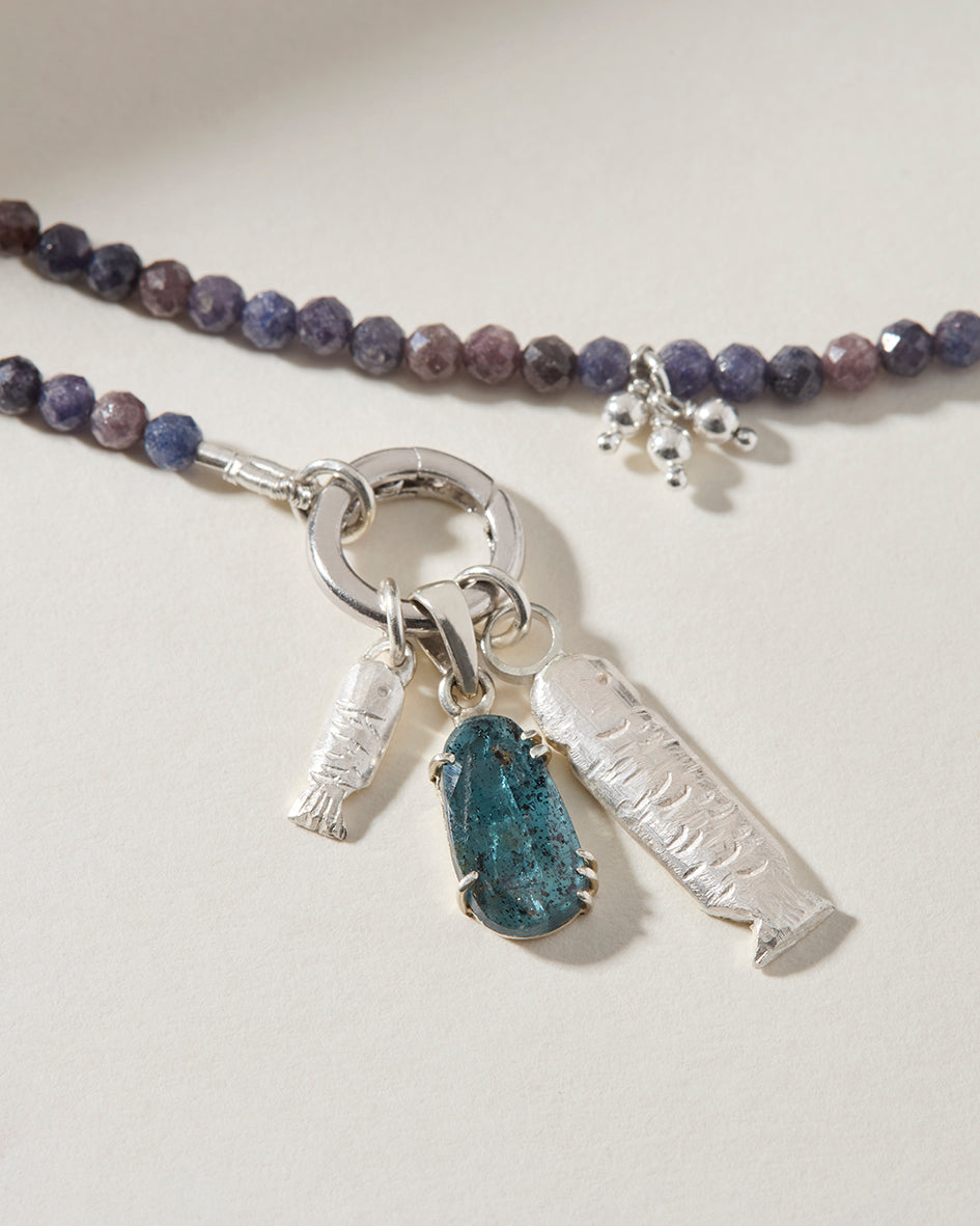 Sapphire beaded necklace with handmade sterling silver sardines and natural kyanite pendant