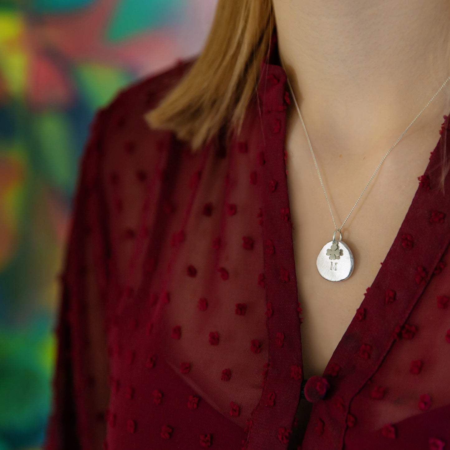 Personalised Four Leaf Clover Disc Nugget Necklace Silver