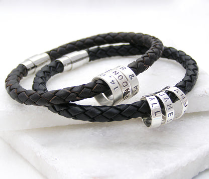 Personalised Mens Leather Bracelet with Silver Hoops