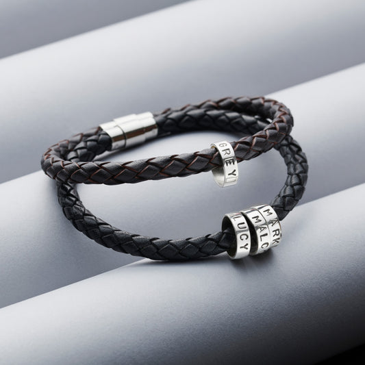Personalised Mens Leather Bracelet with Silver Hoops
