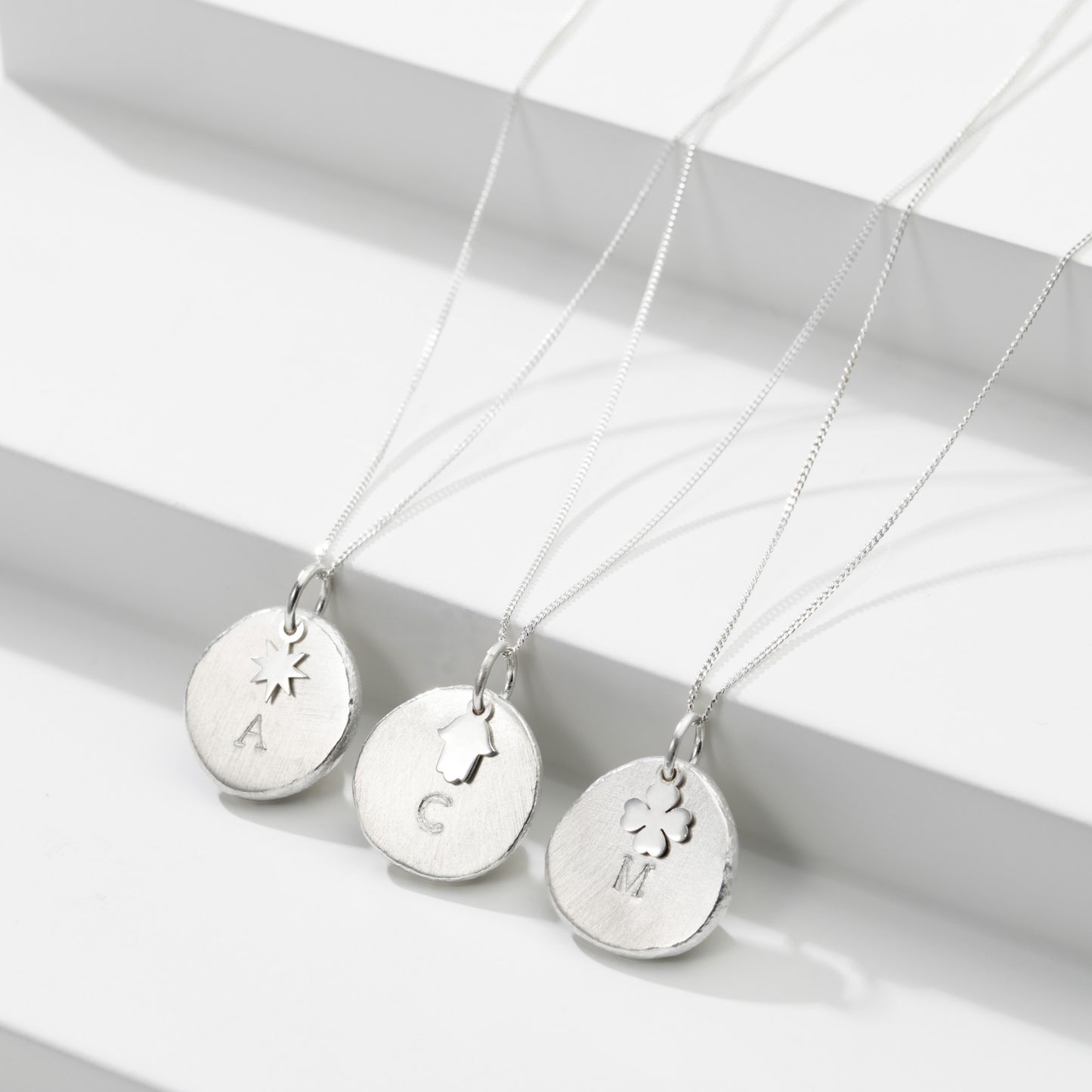 Personalised Four Leaf Clover Disc Nugget Necklace Silver