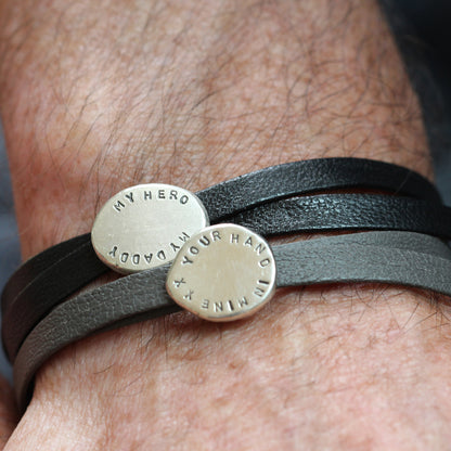 Personalised men's Nappa leather bracelet with sterling silver nugget charms, engraved with your words of meaning.