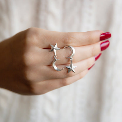 Star & Moon Mismatched Earrings Silver