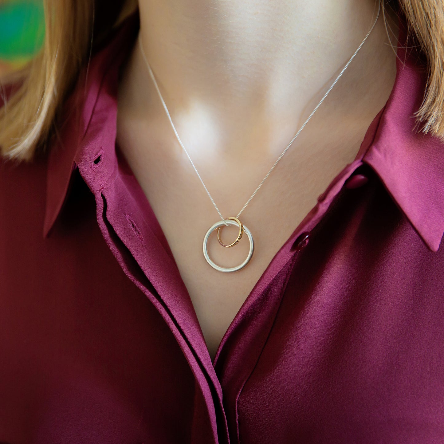 Large Silver & 9ct Gold Entwined Circle Necklace
